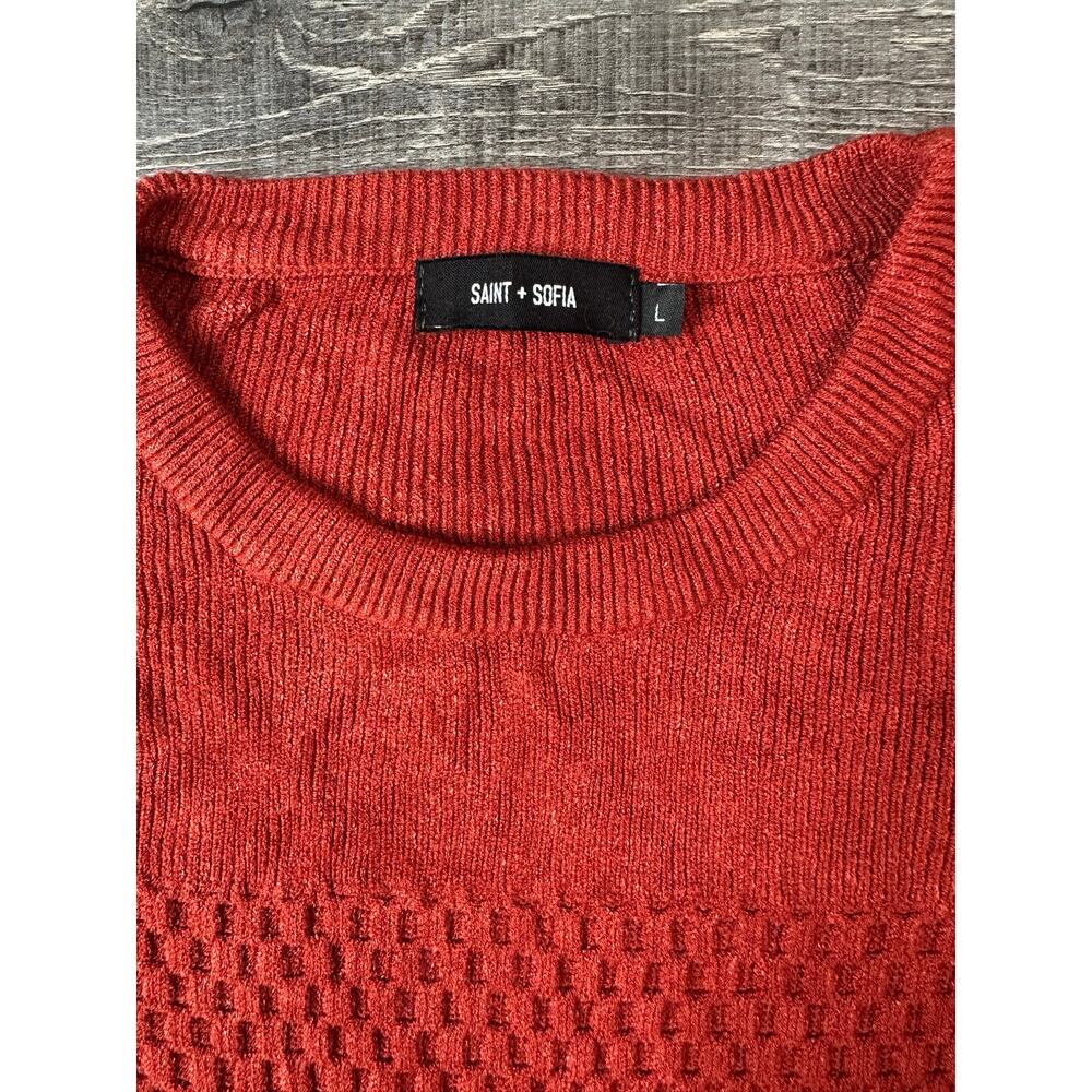 SAINT + SOFIA Honeycomb Rib Knit 3/4 Sleeve Sweater Amber Orange Large - Picture 2 of 8